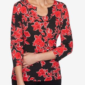 Ruby Rd. Red Floral 3/4 Length Sleeve Top.